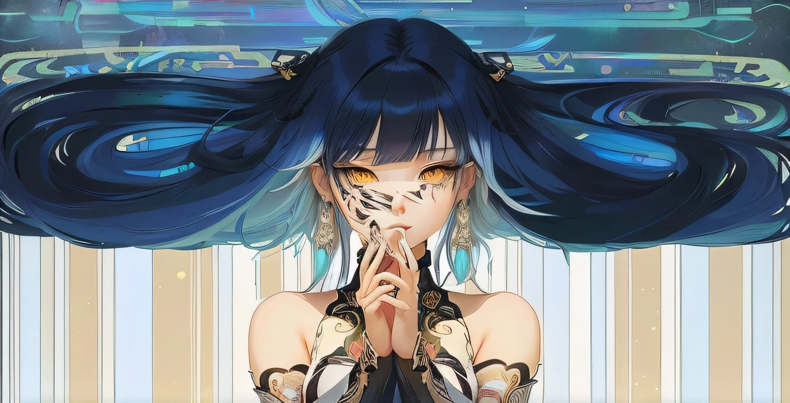 White hair、Anime girl with piercings on her face, anime art nouveau, Korean new art style animation, follow, Fantasy psychedelic anime, anime graphic illustration, anime style illustration, Animated visual of a young woman, anime vintage colors, Detailed digital animation art, anime art nouveau cosmic display, Anime Illustrations, 80s anime art style, Clean and detailed anime art,Yellow eyes,White antlers,Tibetan costumes。