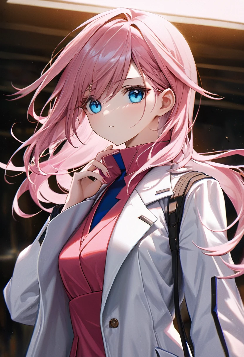 beautiful detailed eyes, beautiful detailed lips, extremely detailed eyes and emotionless face, long eyelashes, 1 girl, fair skin, blue eyes, pink long hair, slender figure, white lab coat, Gundam seed style, detailed digital painting, masterpiece, photorealistic, 8k, cinematic lighting, highly detailed, intricate details, vivid colors, sharp focus