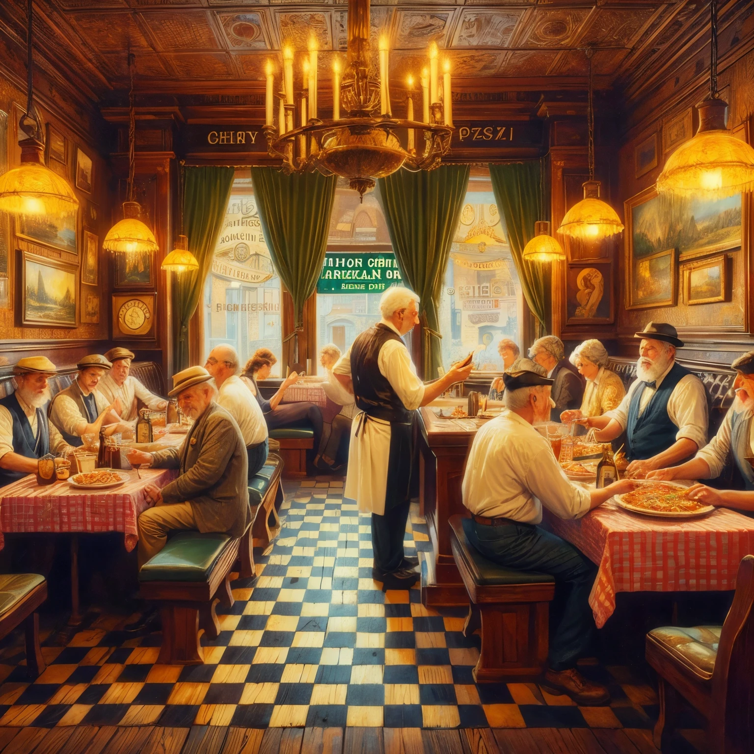 Old Italian American Pizzaria and spaghetti parlor, dark wood booth seating, checkerboard table clothes, drippy wax candles in old wine bottles, fat Italian own head waiter, his wife, lots of customers song singing eating spaghetti, 8k resolution oil painting art style, 1950's, leaning on tables, informal, leaning over to talk to friends and strangers, dancing, dark lighting romance, Norman Rock art style, illustrator artist art style,