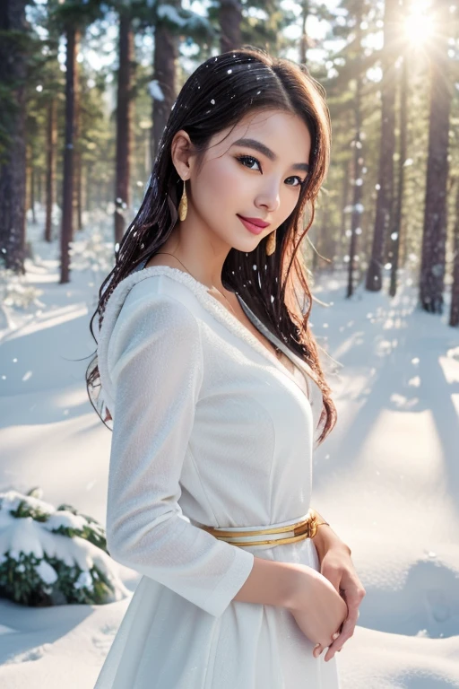1 girl, Korean model, extremely beautiful, perfect body. The Canon EOS R5 camera combines a Canon EF 15mm f/2.8L IS III USM lens adjusted to capture sharp landscapes and even the entire body of the character. 8K photo quality, lifelike, masterpiece, sharpest and highest contrast, super realistic color photos. Her hair is pink, long and smooth, the wind blows it beautifully under the bright sunlight. Beautiful face, perfect and sexy, holy, perfectly proportioned, beautiful in every detail, ((shiny)), high-end cosmetic makeup. Bright smile, pure white teeth and details. Attractive glossy red lips, brilliant glossy red lipstick. Brown eyes, glossy, seductive, ((sharp makeup)), realistic, ((wet eyes)), detailed. Pink eyeshadow, long eyelashes, blush, high-end cosmetics. Two delicate eyelids, perfectly beautiful and detailed, black eyelashes. Eyebrows are curved, sparse, sharp and detailed. High and detailed nose. Cheeks are prominent and detailed. ((Bright white skin)), detailed pores, shiny skin, smooth skin. Long, shiny legs. Hands are beautiful, perfect, ((no flaws)), no defects. Complex light, yellow-black rays, ((lights the face)), sparkling sunlight, ((lights the girl's body)). Gold and silver earrings, diamond necklace, emerald belt, Rolex watch.
Slim-fitting jacket dress above the knee, snowy pine trees, snowflakes, fog, cold air, cinematic lighting, dramatic silhouettes, fantasy, depth of field, volumetric lighting, covered trees Falling snow, snow falling in hair, beautiful background scenery, detailed background, super detailed. Panoramic photo of a girl standing in a pine forest filled with white snow.