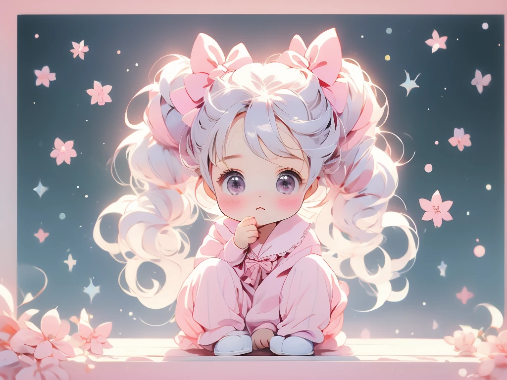 (pastel:1.2)、(Chibi Girl:1.2)、Esbian all over、Long twin tails、Bow and Bow、Sleepy but not sleeping eyes、border pajamas、Funny pose、Humming、Laughter、Fingertip pose、original、Vertical striped background、Baby pink gradation