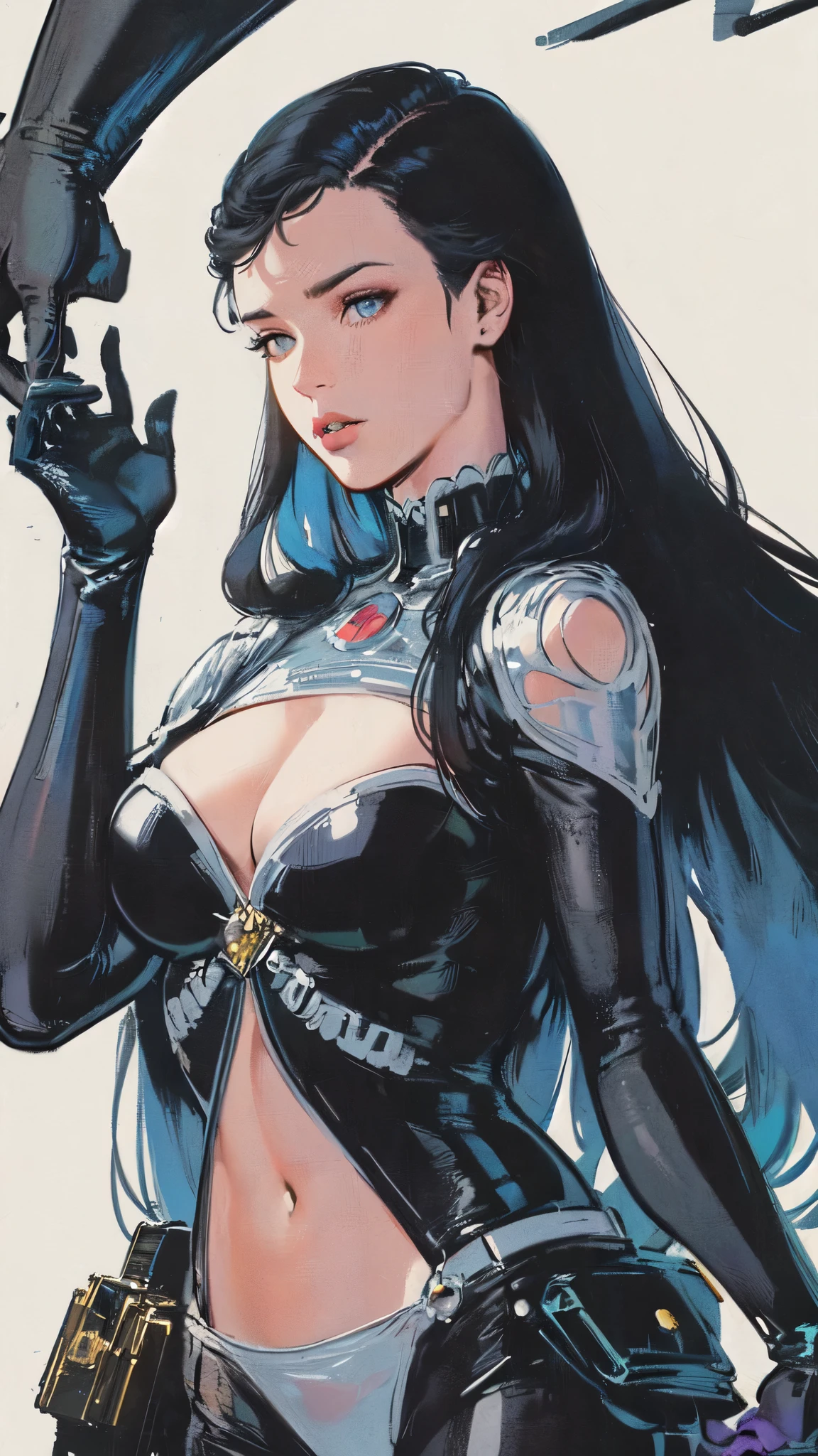 masterpiece,extremely beautiful woman,Excellent sense,(((perfect very white background))),American Comics,(((The Perfect One Woman))),(((one person))),colorful,Highly detailed perfect upper body,highly detailed face,near future,SF,