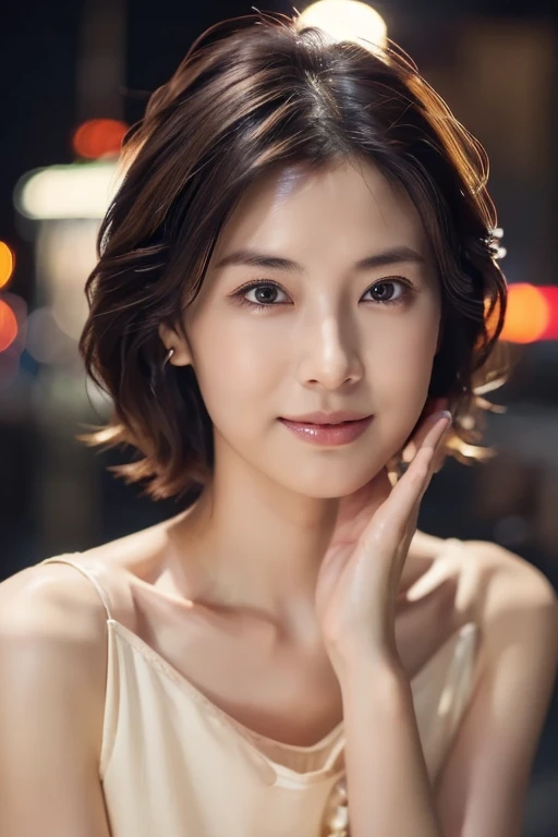 Random Pause, Mix 4, (8k, Original photo, highest quality, masterpiece: 1.45), (Actual, real: 1.37), Skinny Japanese woman, One girl, Charm, City view, night, rain, Wet, Professional Lighting, Photon Mapping, Radio City, Physically Based Rendering, Gradient black hair, Short Curly Hair, good looking, girl, T-Shirts, High resolution, 1080p, (Clear Face), (Detailed facial depiction), (Detailed description of the hand), (Exquisite CGI), Extreme light and shadow, Messy Hair, Lots of details, (Exquisite facial features), (highest quality photos), (Beautiful Eyes), Look in front of you, Thin clavicle,