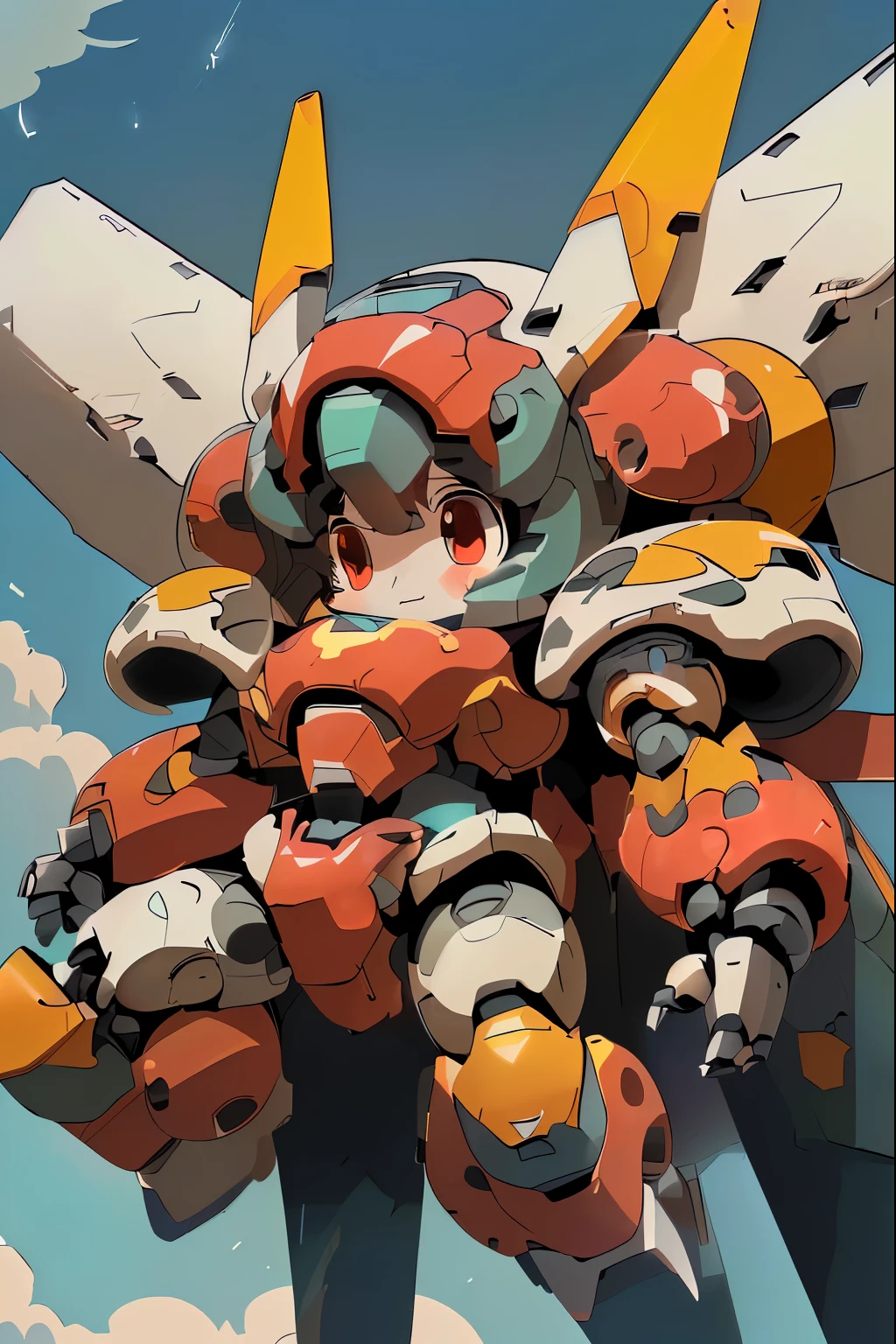 (((1 young girl in large robot costume floating under blue skies)), large cute face, determined face, (red_eyes), (looking_down), mechanical parts, ((mechanical wings)), ((mecha musume)), ((dynamic pose, dynamic angle)), (full armor:1.4), (mecha armor:1.4), (heavy weapons:1.3), (short legs:1.2), (huger body:1.7), Heavy armament, heavy equipment, (from below), (headgear), blue sky, white clouds, robot joints, becoming a mecha, mecha, (RARS), (HRS), ROBOTANIMESTYLE, robort,BJ_Cute_Mech BREAK ((masterpiece)), vibrant colors, 8k, best quality, ultra detailed illustration, ((best quality)), ((high resolution)), flawless skin textures, shiny oiled skin, extremely detailed anime eyes , extreme light and shadow,