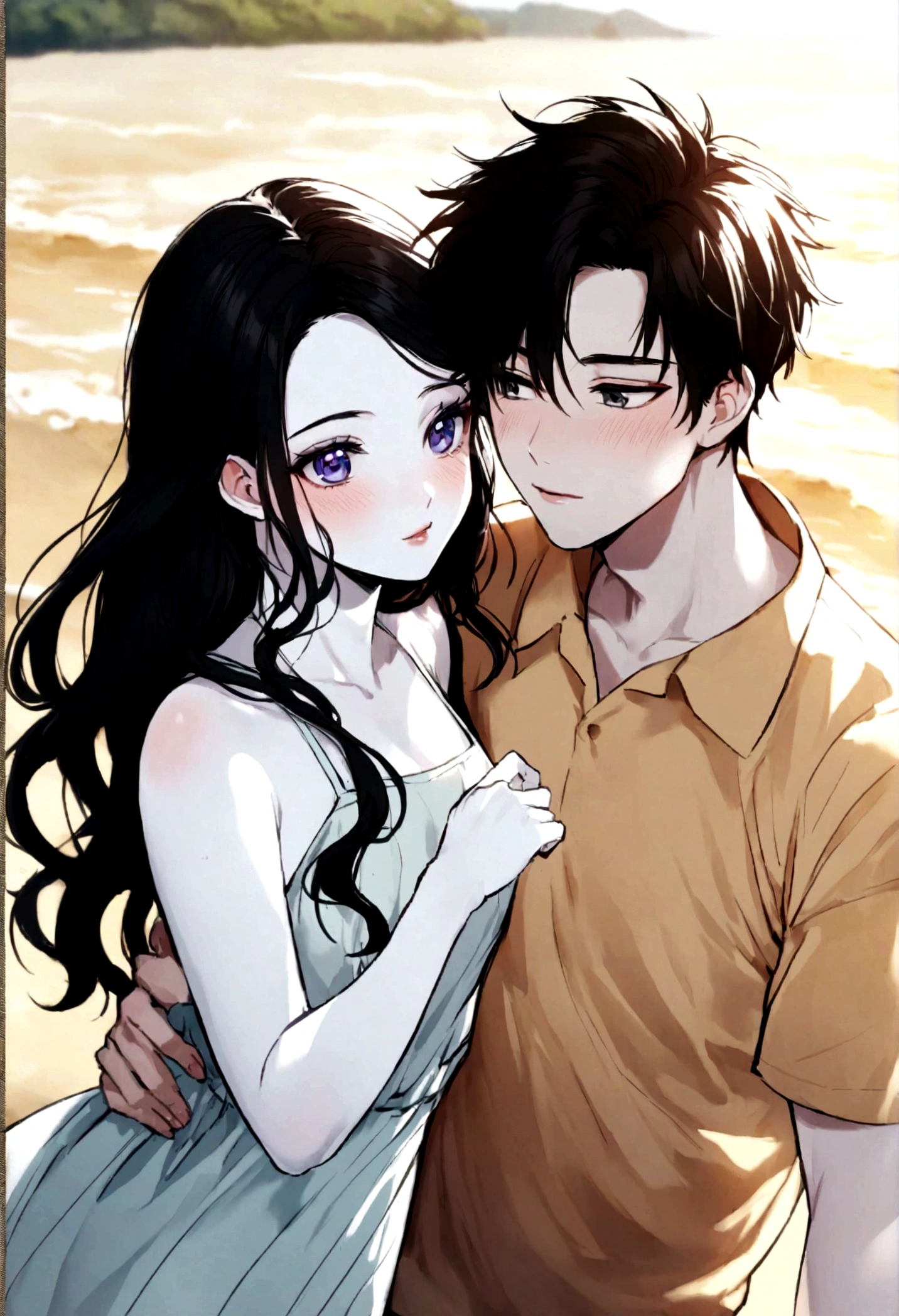 Her BF and her are kissing on the beach, she has short Black Hair a little long wavy, Sunburn, Beautiful Face, . Her BF has a handsome face, Looks hot, White skin anime version, Black Hair