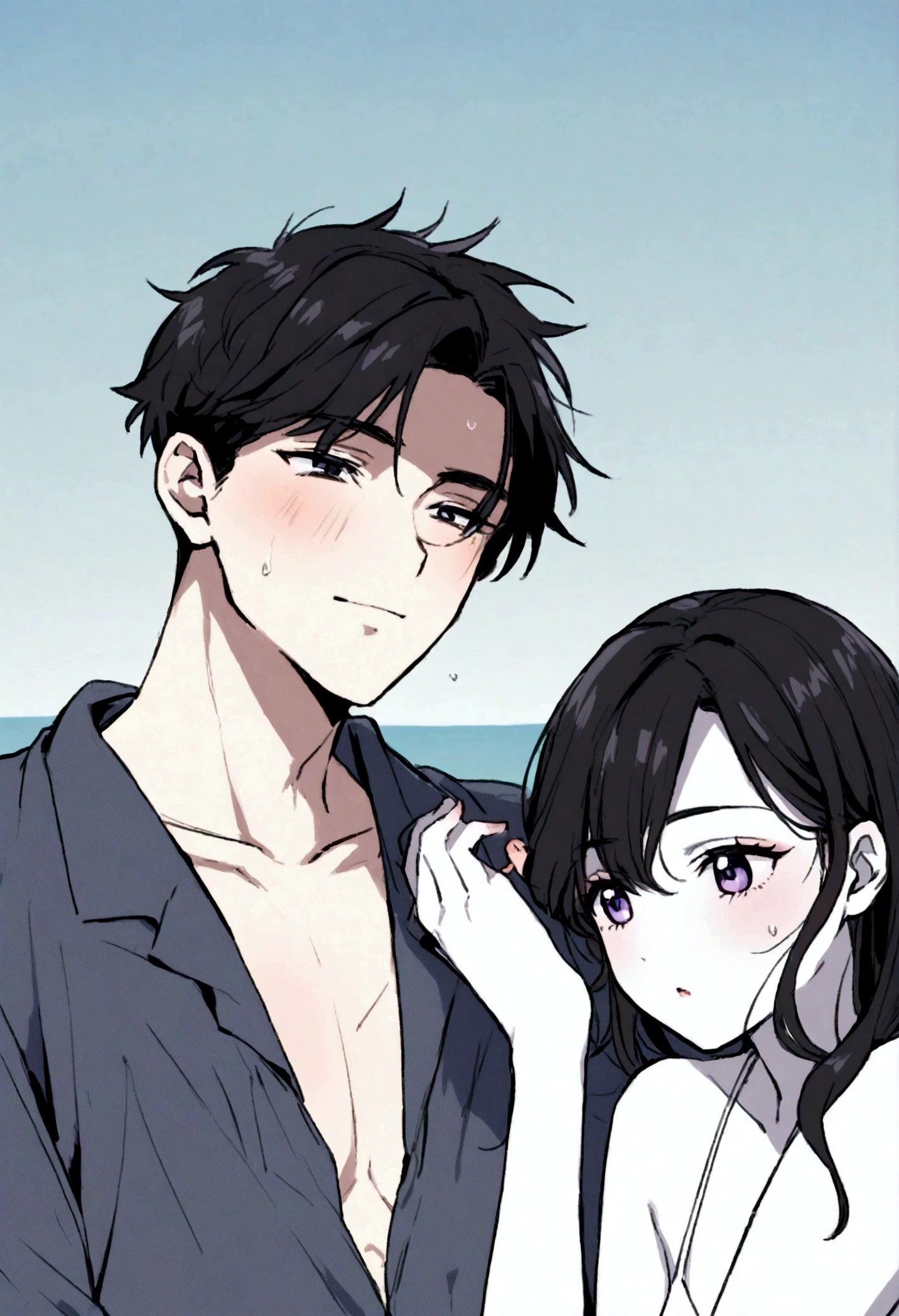 Her BF and her are kissing on the beach, she has short Black Hair a little long wavy, Sunburn, Beautiful Face, 15-year-old girl. Her BF has a handsome face, Looks hot, White skin anime version, Black Hair