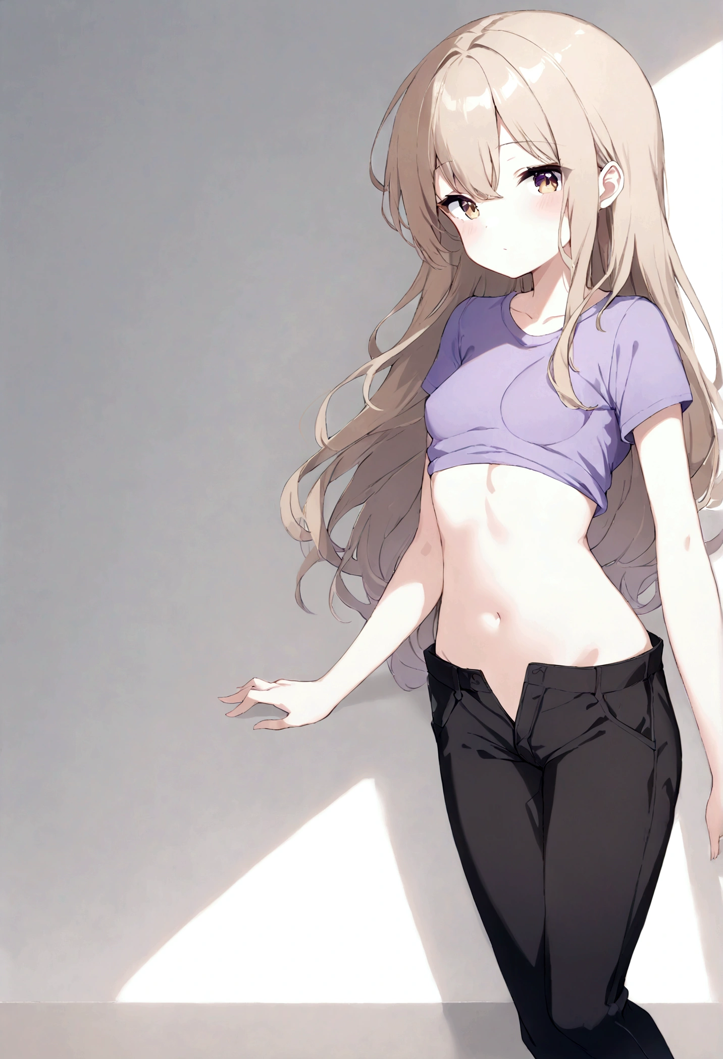 1girl, long light brown hair, small boobs, purple t-shirt, black pants