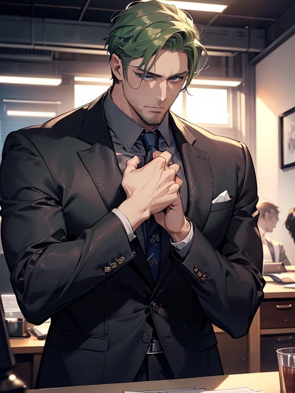 (best quality, masterpiece, 8K, photorealistic, cinematic lighting, hdr image, ultra detailed, beautiful image), 1 man, 31 years old, mature man, very handsome, (without expression, serious), short green hair, blue eyes ( penetrating gaze), imposing posture, businessman, office background