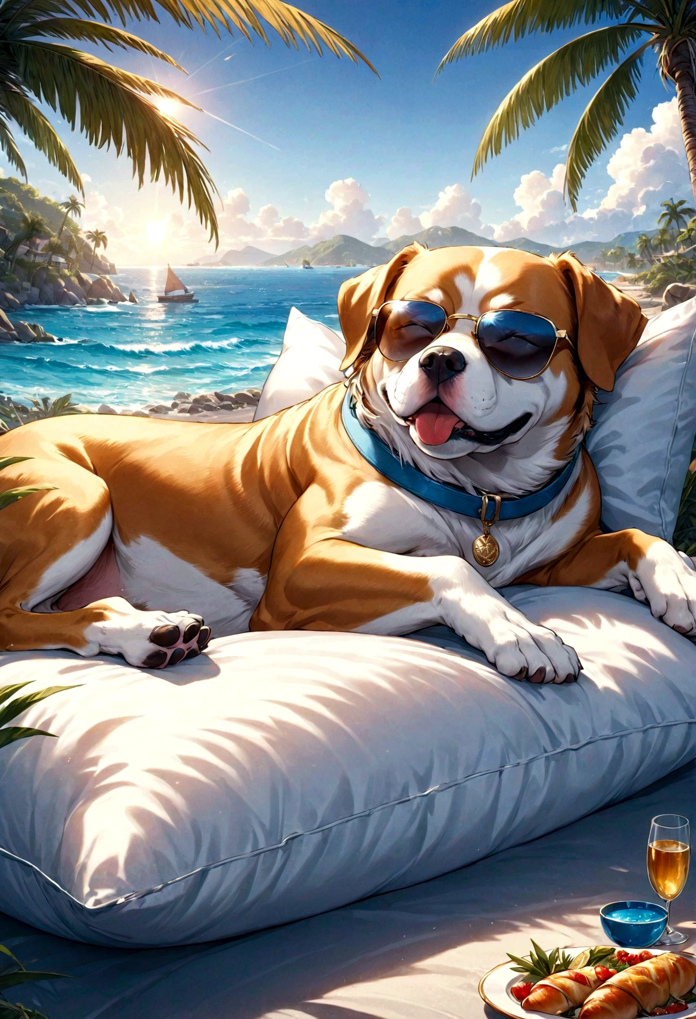 high resolution, 8K resolution, By the Sea, sun, Dog wearing sunglasses sleeping on a pillow,Palm tree,vacation,Fancy Meals