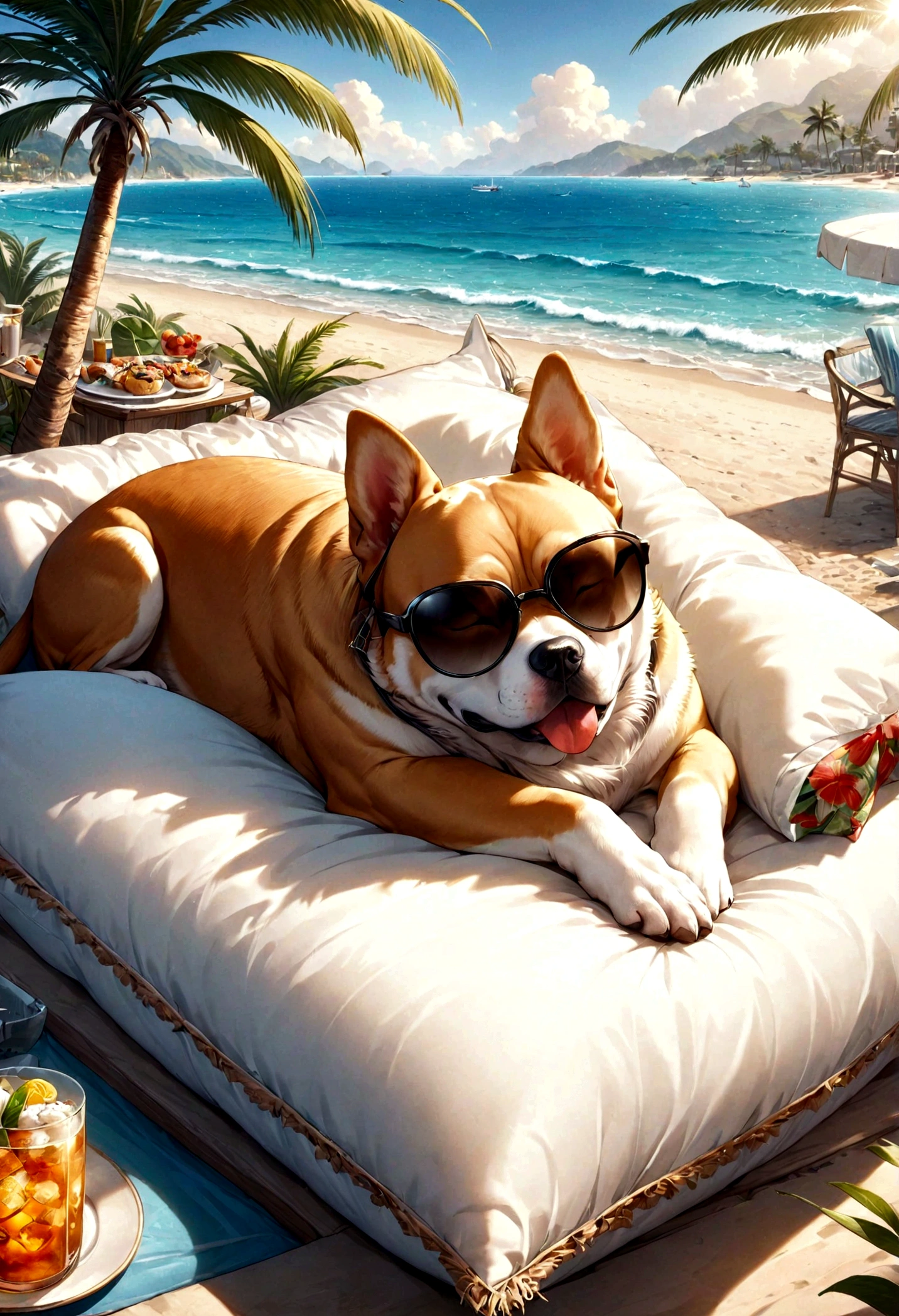 high resolution, 8K resolution, By the Sea, sun, Dog wearing sunglasses sleeping on a pillow,Palm tree,vacation,Fancy Meals