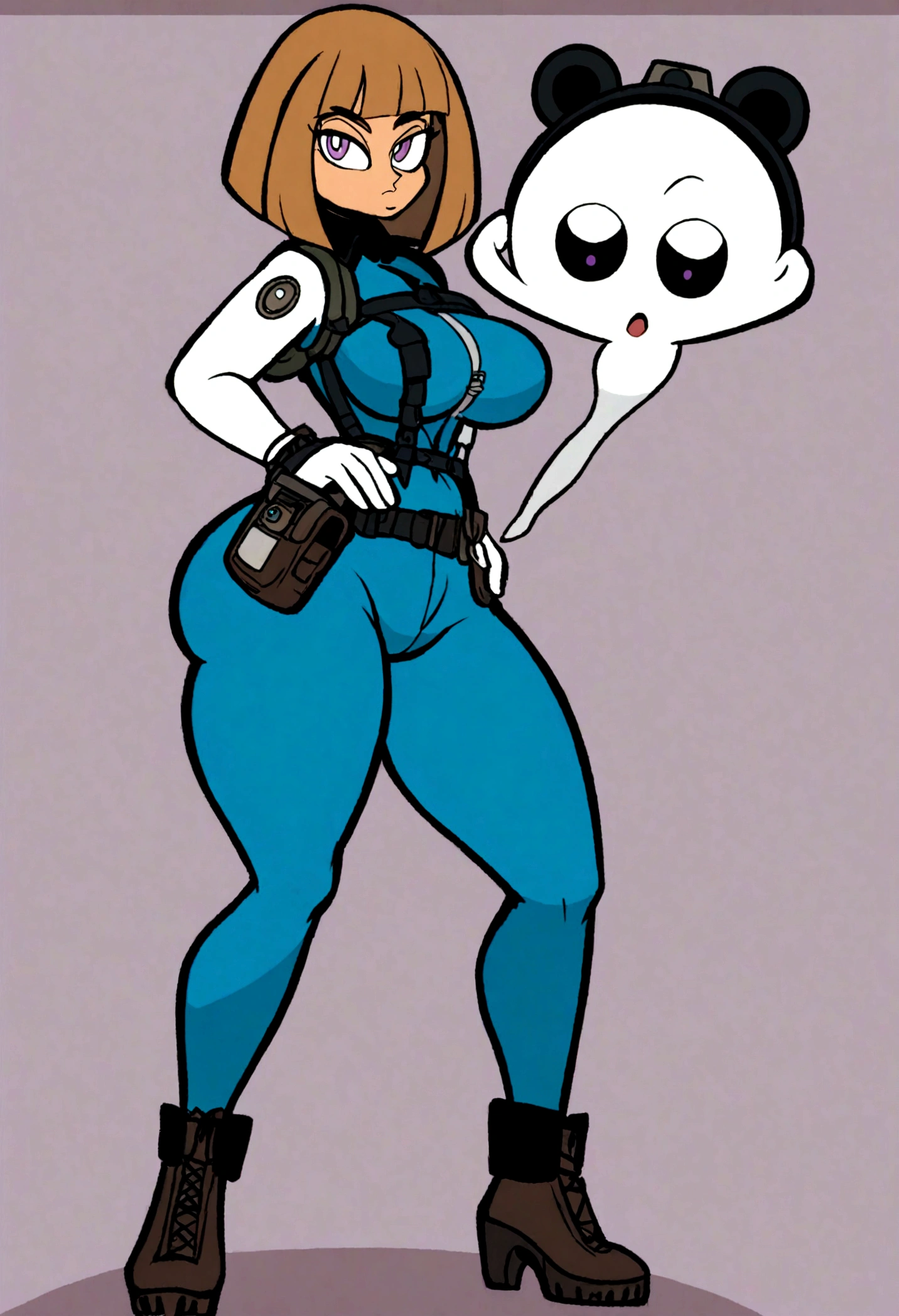 (shygal), (sexy), (((Very large tight breasts))), curvy, slim, long hair, full body, color theory, (((Basic Concept art pose))), (stockings), (buckle boots), (belts), ((hood)), mask, arms, legs, body, ((solo)), (((Single color background))), masterpiece, Ultra hd, large thighs, hand sleeves, perky nipples