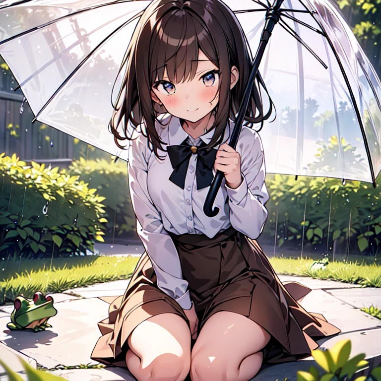 highest quality, masterpiece, Ultra-high resolution, 8k,
Rainy Sky,garden,(((Girl 1,Tiny frog 1))),Morning glories grow to waist height,(There is a tiny frog on a morning glory leaf),((A girl crouches under an umbrella and looks at a tiny frog)),(((looking at frog))),Wicked Smile,Happy,Sparkling eyes,Focus on Girls,
Show anime style ,  Soft Line Art, Digital Enhancement, shojo anime touch, shojo manga core, Flowing fabric, close, Soft Drawing, Ultra High Definition Digital Anime Art, Clear facial depiction, Super detailed *** cartoon character art, Ultra-detailed manga style, highest qualityの色,
 (Short brown hair), Wet Hair,Beautiful brown hair, Clear brown eyes, Slightly thicker,Small breasts,Small Ass