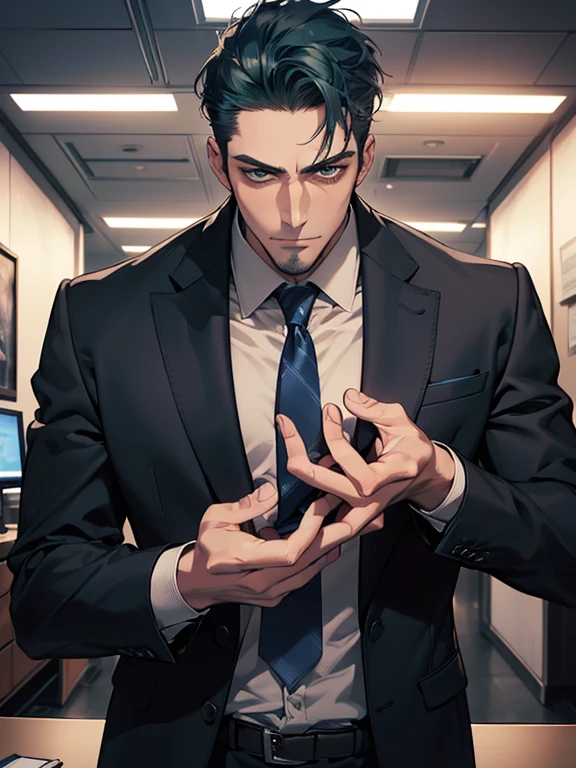 (best quality, masterpiece, 8K, photorealistic, cinematic lighting, hdr image, ultra detailed, beautiful image), 1 man, 31 years old, mature man, very handsome, (without expression, serious), short blue hair, green eyes ( penetrating gaze), imposing posture, businessman, office background