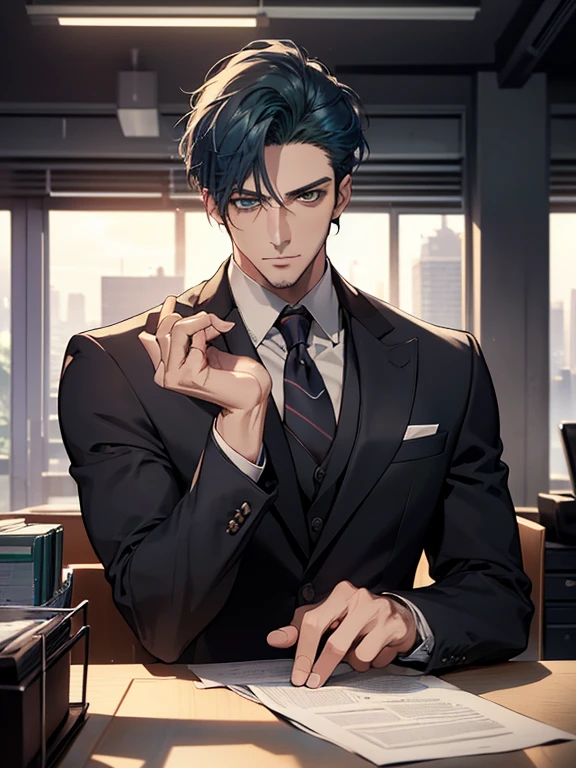 (best quality, masterpiece, 8K, photorealistic, cinematic lighting, hdr image, ultra detailed, beautiful image), 1 man, 31 years old, mature man, very handsome, (without expression, serious), short blue hair, green eyes ( penetrating gaze), imposing posture, businessman, office background