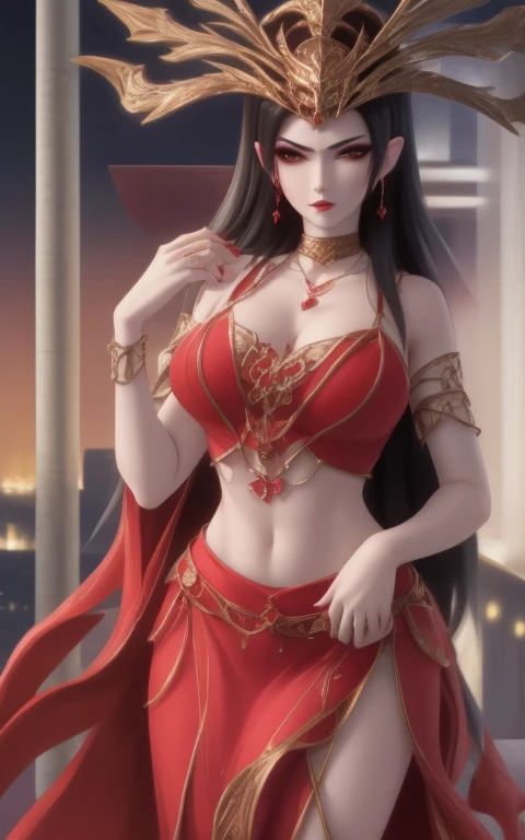 Excellent, masterpiece, black hair, Red Dress, look up, (((Full breasts,)))(((Large Breasts))) (((Cleavage))),, hair, White skin, Dissemination, Red Theme, skirt, Red Dress, conservative skirt