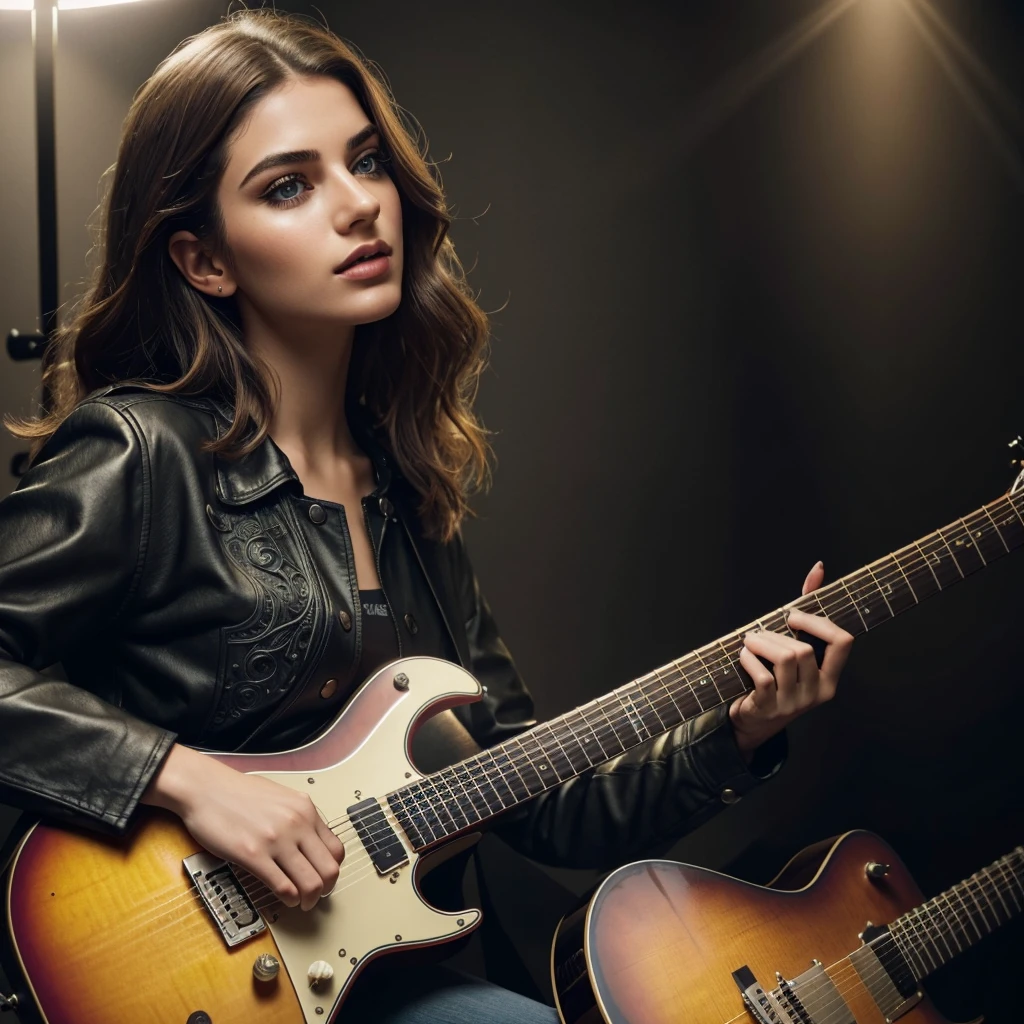 a guitarist playing an electric guitar, detailed facial features, beautiful detailed eyes, beautiful detailed lips, extremely detailed face, long eyelashes, detailed fingers, playing dynamic guitar pose, intricate guitar details, studio lighting, high quality, cinematic, photorealistic, 8k, vibrant colors, dramatic lighting, atmospheric, moody, dramatic, cinematic composition, epic scale, heroic, masterpiece