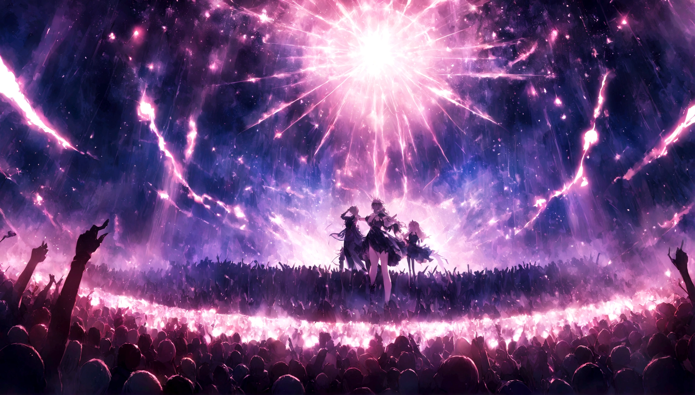 (melhor qualidade,4k,8K,high resolution,Obra de arte:1.2),Super detalhado,(realista,Realismo,Realismo:1.37),Stage lighting illuminates the scene,smoky atmosphere,fundo escuro,atmosfera brilhante spotlighectric,concert scene,Pulsing Neon Lights,piso de palco brilhante,strong emotion,Show vibrante com cores brilhantes、atmosfera comovente、sharp focus、Show de Laser、efeito de palco em movimento、huge crowd mysterious aura、melodic sound waveuturistic visual effects、Design de palco impressionante、tecnologia de ponta、atmosfera animada、A modern entertainment experience、Top do mundo、harmonious music and images、artistic expression、musical genius、Charming stage presence