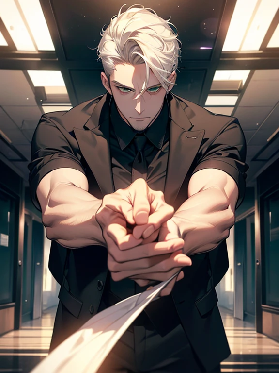 (best quality, masterpiece, 8K, photorealistic, cinematic lighting, hdr image, ultra detailed, beautiful image), 1 man, 31 years old, mature man, very handsome, (without expression, serious), short white hair, green eyes ( penetrating gaze), imposing posture, businessman, office background