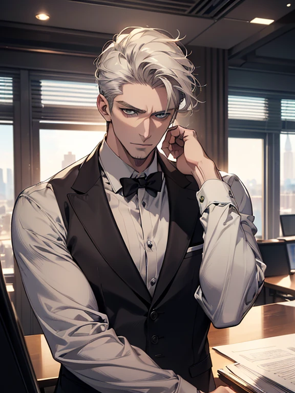 (best quality, masterpiece, 8K, photorealistic, cinematic lighting, hdr image, ultra detailed, beautiful image), 1 man, 31 years old, mature man, very handsome, (without expression, serious), short white hair, green eyes ( penetrating gaze), imposing posture, businessman, office background