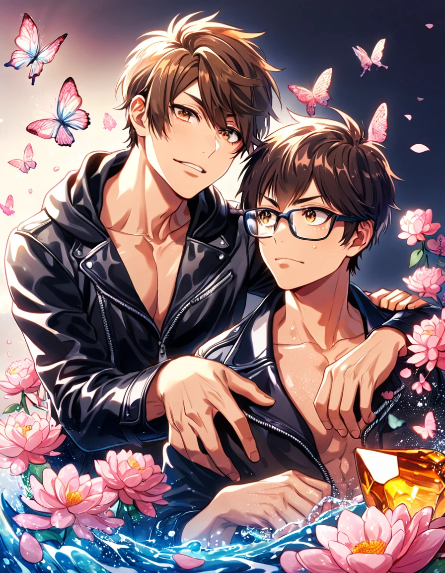absurdres, highres, ultra detailed, HDR, master piece, best quality, extremely detailed face, delicated features, Sawamura Eijun, brown hair, expressive brown eyes, Diamond No Ace, Miyuki Kazuya wearing glasses, brown hair, messy and windswept, expressive amber eyes, two sexy men sitting together, gay couple, yaoi, handsome, toned chest, black hoodie, black leather jacket, water, blossoms, pink flowers, pink butterflies, fantasy, magic, radiant