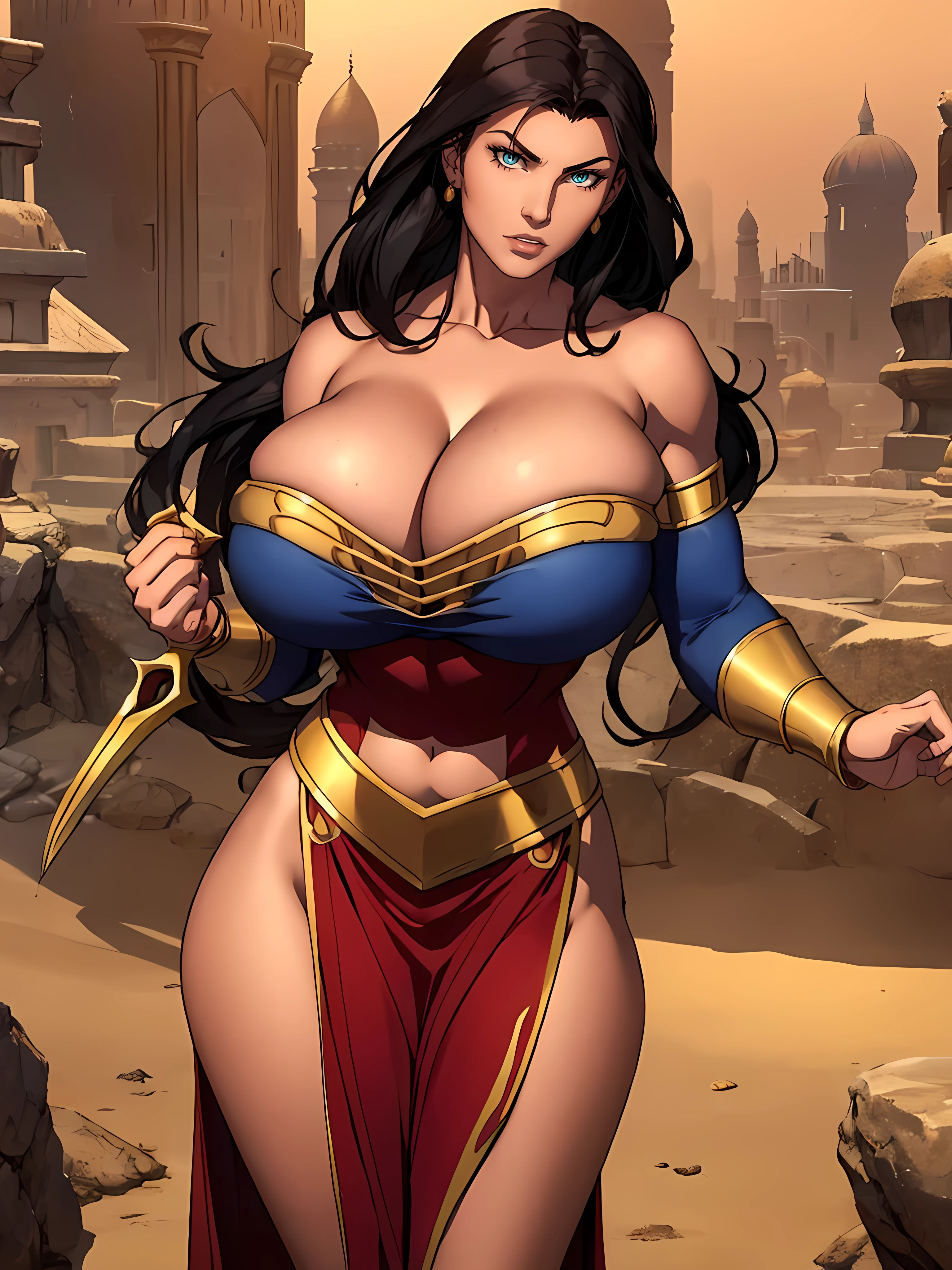 (masterpiece, top quality, best quality, official art, beautiful and aesthetic:1.2), (1girl:1.3), (((massive female bodybuilder))), ((Long Muscular Legs)), long wavy black hair, tanned skin, extremely detailed, portrait, looking at viewer, solo, (full body), detailed background, close up, mischievous eyes, (hot summer desert Arabia theme:1.1), Persian duelist woman, dark makeup, charlatan, smirk, mysterious, walking in desert, revealing blue and gold and sapphire Arabian harem girl attire, see through clothes, sheer fabric, poofy blue pants, strapless, off shoulder top, tight top, tight tube top, jewelry, armlets, elaborate necklaces, blue fabric, gold jewelry, precious stones, scimitar, curved sword, ((((gigantic breasts, cleavage, skindentation)))), slim waist, wide hips, wide shoulders, ancient (Arabian palace exterior:1.1) background, dark mysterious lighting, shadows, magical atmosphere, dutch angle,