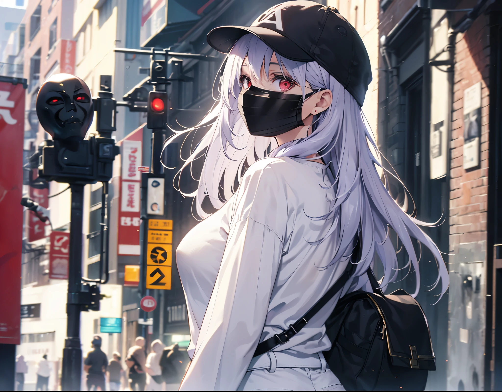 (Close-up:1.3),Realistic,highest quality, Super detailed, High-quality CG rendering, The most delicate and beautiful, Floating softly, High resolution, (1 female), (highest quality,4K,8k,masterpiece:1.2), Light purple hair,Long Hair,Red eyes,(Slightly larger breasts:1.5),(White oversized long sleeve T-shirt:1.3),(Black oversized pants:1.3),(White cap:1.3),In the city,old buildings,(Black Mask:1.4),(Upper Body:1.3),(Turn your back to your audience:1.3),Butt