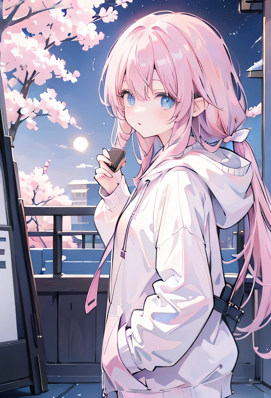 Night Sakura、cool、full moon、night、4k、Pink Hair、blue eyes、Shortcuts、hoodie