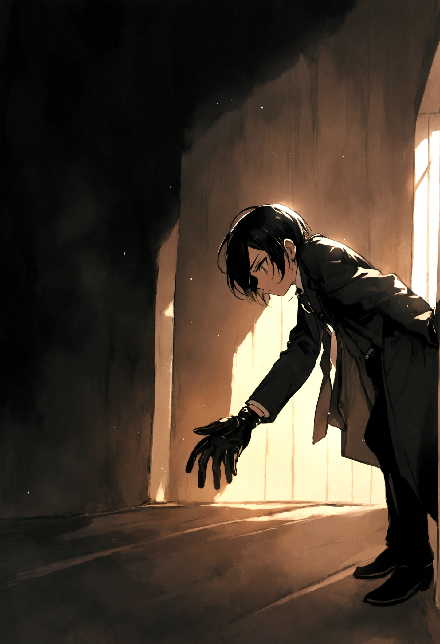 12 year old Ciel Phantomhive Wearing a Suit and Tie with a coat that reaches the ground , wearing Leather winter gloves. with a Stoic Expression