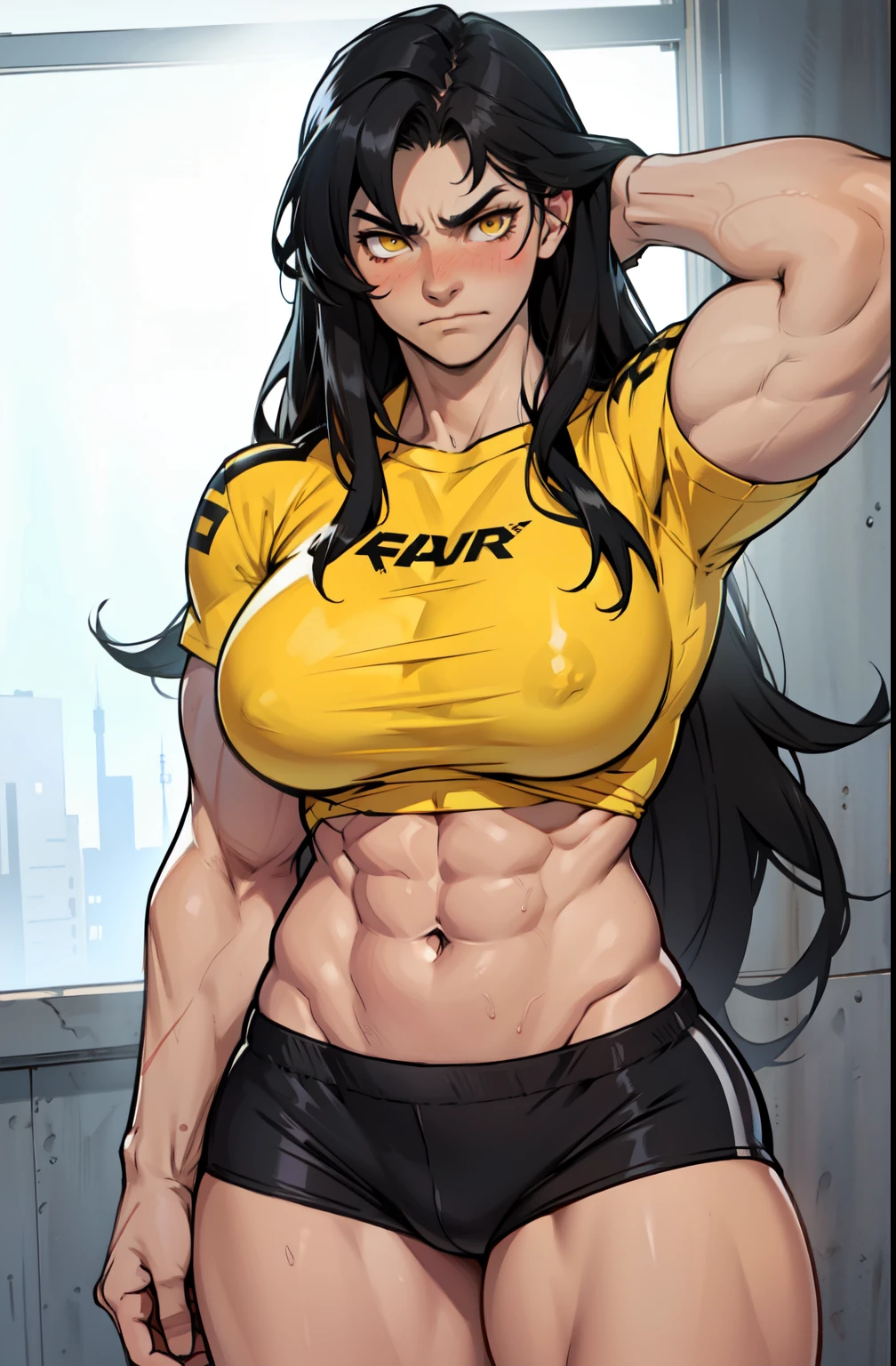 ((1 girl)), extremely long hair, solo, ((muscular)), veins, black hair, yellow eyes, blushing, pale skin, strong, veins, abs, (huge breasts), navel, standing, frowning, tight shirt