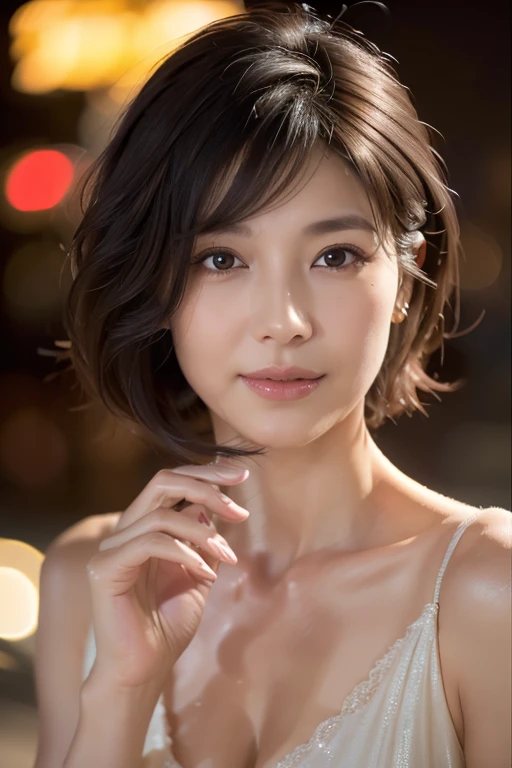 Random Pause, Mix 4, (8k, Original photo, highest quality, masterpiece: 1.45), (Actual, real: 1.37), Skinny Japanese woman, One, MILF, Charm, City view, night, rain, Wet, Professional Lighting, Photon Mapping, Radio City, Physically Based Rendering, Gradient black hair, Short Curly Hair, good looking, girl, T-Shirts, High resolution, 1080p, (Clear Face), (Detailed facial depiction), (Detailed description of the hand), (Exquisite CGI), Extreme light and shadow, Messy Hair, Lots of details, (Exquisite facial features), (highest quality photos), (Beautiful Eyes), Look in front of you, Thin clavicle,