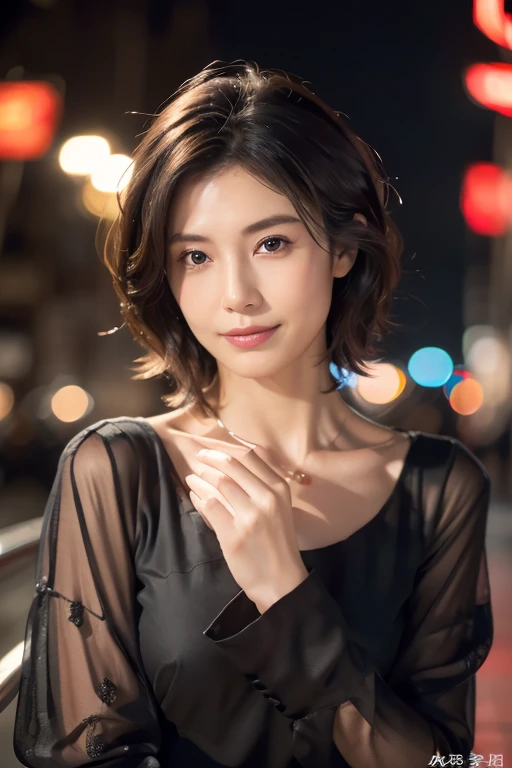 Random Pause, Mix 4, (8k, Original photo, highest quality, masterpiece: 1.45), (Actual, real: 1.37), Skinny Japanese woman, One, MILF, Charm, City view, night, rain, Wet, Professional Lighting, Photon Mapping, Radio City, Physically Based Rendering, Gradient black hair, Short Curly Hair, good looking, girl, T-Shirts, High resolution, 1080p, (Clear Face), (Detailed facial depiction), (Detailed description of the hand), (Exquisite CGI), Extreme light and shadow, Messy Hair, Lots of details, (Exquisite facial features), (highest quality photos), (Beautiful Eyes), Look in front of you, Thin clavicle,
