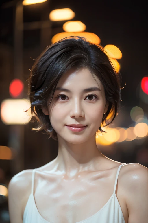 Random Pause, Mix 4, (8k, Original photo, highest quality, masterpiece: 1.45), (Actual, real: 1.37), Skinny Japanese woman, One, MILF, Charm, City view, night, rain, Wet, Professional Lighting, Photon Mapping, Radio City, Physically Based Rendering, Gradient black hair, Short Curly Hair, good looking, girl, T-Shirts, High resolution, 1080p, (Clear Face), (Detailed facial depiction), (Detailed description of the hand), (Exquisite CGI), Extreme light and shadow, Messy Hair, Lots of details, (Exquisite facial features), (highest quality photos), (Beautiful Eyes), Look in front of you, Thin clavicle,