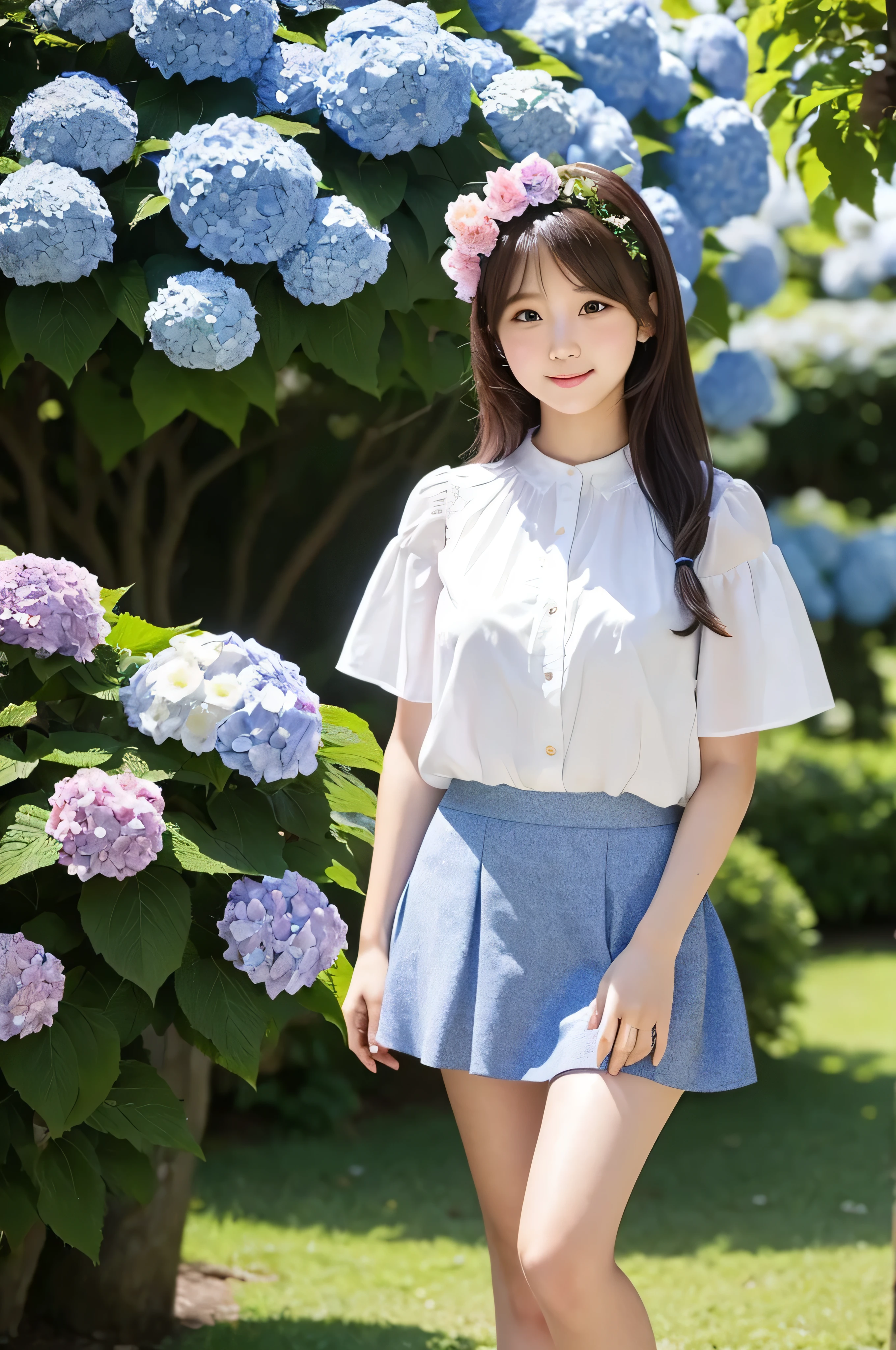 A cute 20-year-old girl standing in a park with hydrangeas in bloom（mini skirt）