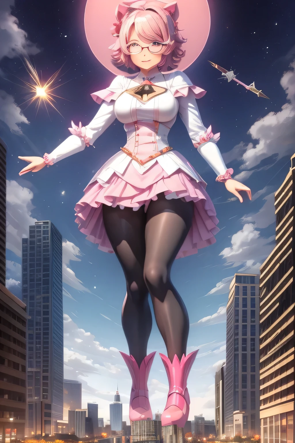 giantess art, highly detailed giantess shots, giantess, Two legs, Five fingers, short hair, A beautiful girl who is bigger than a skyscraper, Wearing rimless glasses, smile, Big Breasts, pink dress, bow, magical girl, holding a magical wand, black pantyhose, pink stiletto heels, thunderbolt from a magical wand, Destroying cities, A very small big city, Miniature metropolis, Full body description, GTS, giga giantess, stomping city, crash city, tiny city, micro city, pantyhose feet, High resolution, highest quality, masterpiece,
