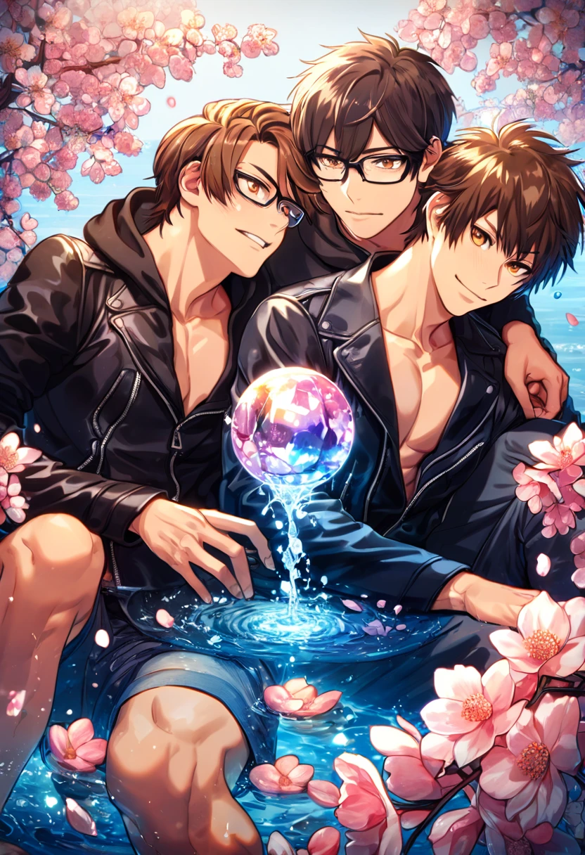 absurdres, highres, ultra detailed, HDR, master piece, best quality, extremely detailed face, delicated features, Sawamura Eijun, brown hair, expressive brown eyes, Diamond No Ace, Miyuki Kazuya wearing glasses, brown hair, messy and windswept, expressive amber eyes, two sexy men sitting together, gay couple, yaoi, handsome, toned chest, black hoodie, black leather jacket, water, blossoms, pink flowers, pink butterflies, fantasy, magic, radiant