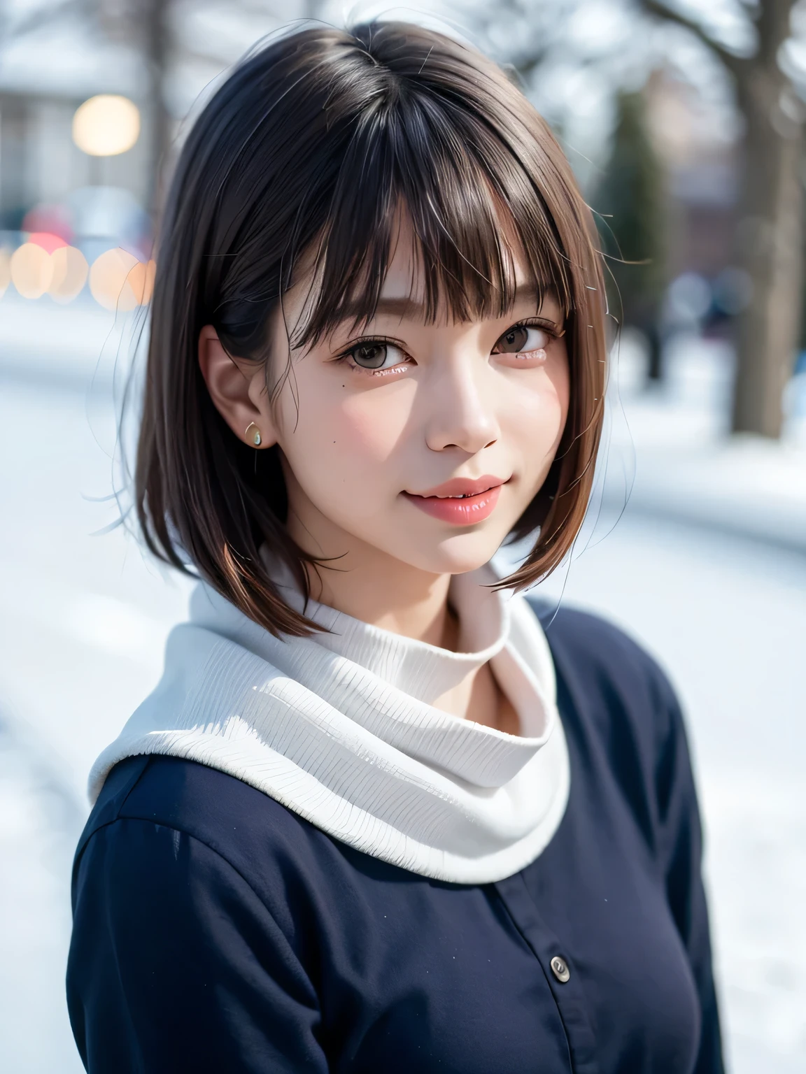 (Masterpiece, Highest quality),1 woman, alone, scarf, have, hyper realistic, realistic,realistic, looking at the audience, light brown eyes:1.4,Short dark brown bob, have shiny hair, have high profile., Brightly colored winter clothes, White headscarf, lips, smooth, outdoor, You&#39;ve shut your mouth., upper body、Big eyes、eyelash、{big|big|Big|Mega} chest:2, Chest cleavage:2、(((Smooth short hair、Big eyes、Highlights from students、large full chest、looking at the audience、She is very beautiful and cute.、Show me your ears.、long neck、smile、Close your mouth and smilee、Beautiful teeth)))、Ideal body type、（Snow-lined tree-lined road in Norway in winter）