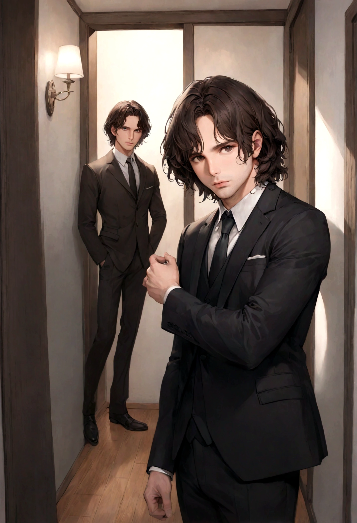 (traje de etiqueta para hombre), ), (con poca barba,) (ojos color cafe claro), Aspecto atractivo y serio, Dark brown hair, Elegante y con estilo, Un hombre similar al actor Jim Morrison, (Imagen realista y de alta calidad), Apartamento escandinavo en el fondo estilo estudio, ((La mejor calidad, 8K, obra maestra).((dynamic pose))