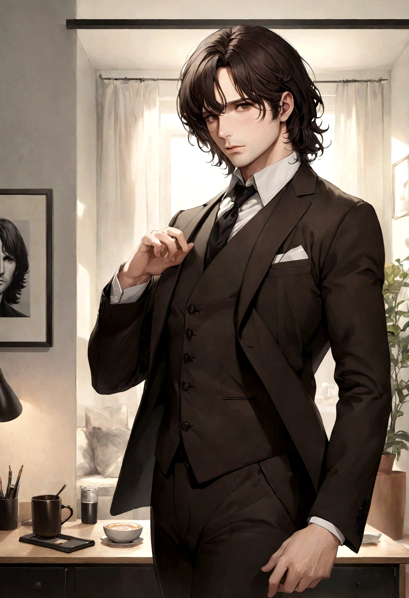 (traje de etiqueta para hombre), ), (con poca barba,) (ojos color cafe claro), Aspecto atractivo y serio, Dark brown hair, Elegante y con estilo, Un hombre similar al actor Jim Morrison, (Imagen realista y de alta calidad), Apartamento escandinavo en el fondo estilo estudio, ((La mejor calidad, 8K, obra maestra).((dynamic pose))