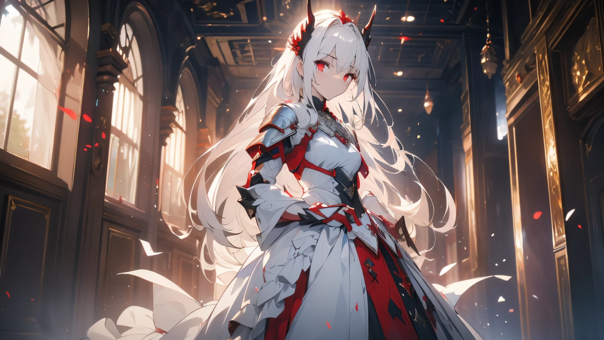 ((masterpiece, best quality)), Epic battlefield atmosphere,Delicate face,Depicts a beautiful knight with long, flowing white hair,whole body,Standing picture,glowing red eyes. She was wearing white armor,Perfect body proportions