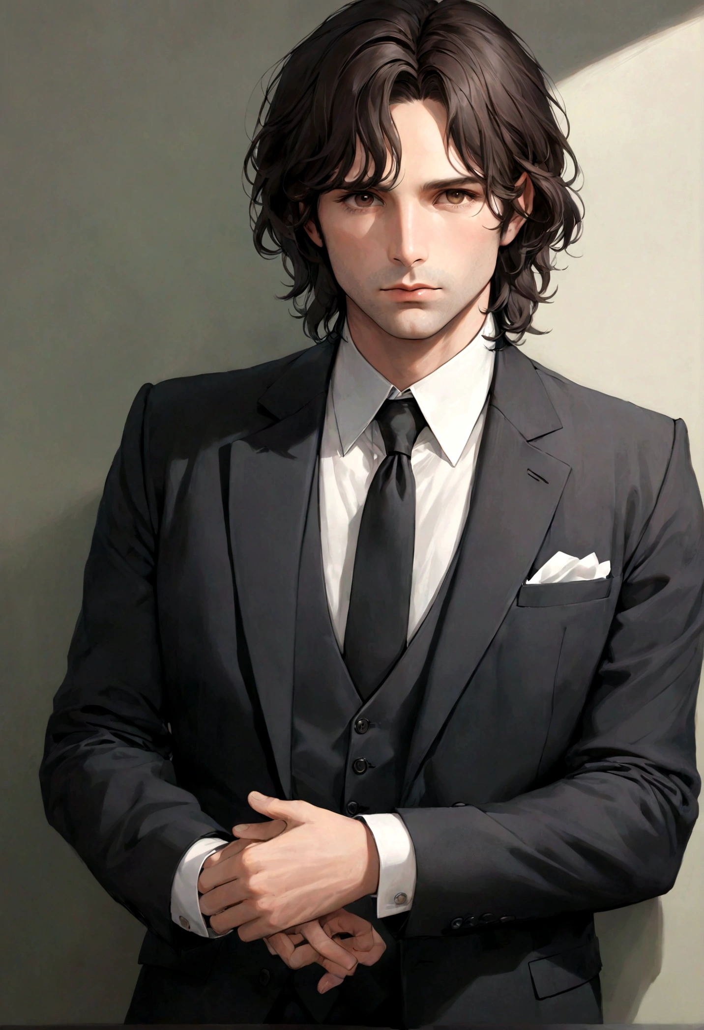 (traje de etiqueta para hombre), ), (con poca barba,) (ojos color cafe claro), Aspecto atractivo y serio, Dark brown hair, Elegante y con estilo, Un hombre similar al actor Jim Morrison, (Imagen realista y de alta calidad), Apartamento escandinavo en el fondo estilo estudio, ((La mejor calidad, 8K, obra maestra).((dynamic pose))