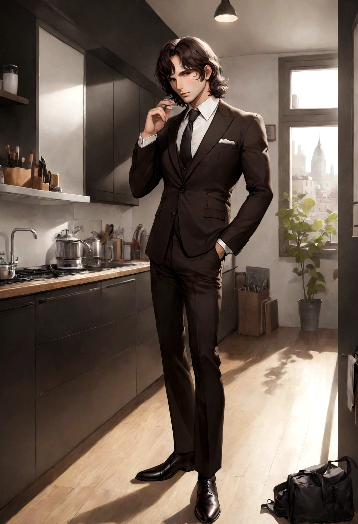 (traje de etiqueta para hombre), ), (con poca barba,) (ojos color cafe claro), Aspecto atractivo y serio, Dark brown hair, Elegante y con estilo, Un hombre similar al actor Jim Morrison, (Imagen realista y de alta calidad), Apartamento escandinavo en el fondo estilo estudio, ((La mejor calidad, 8K, obra maestra).((dynamic pose))