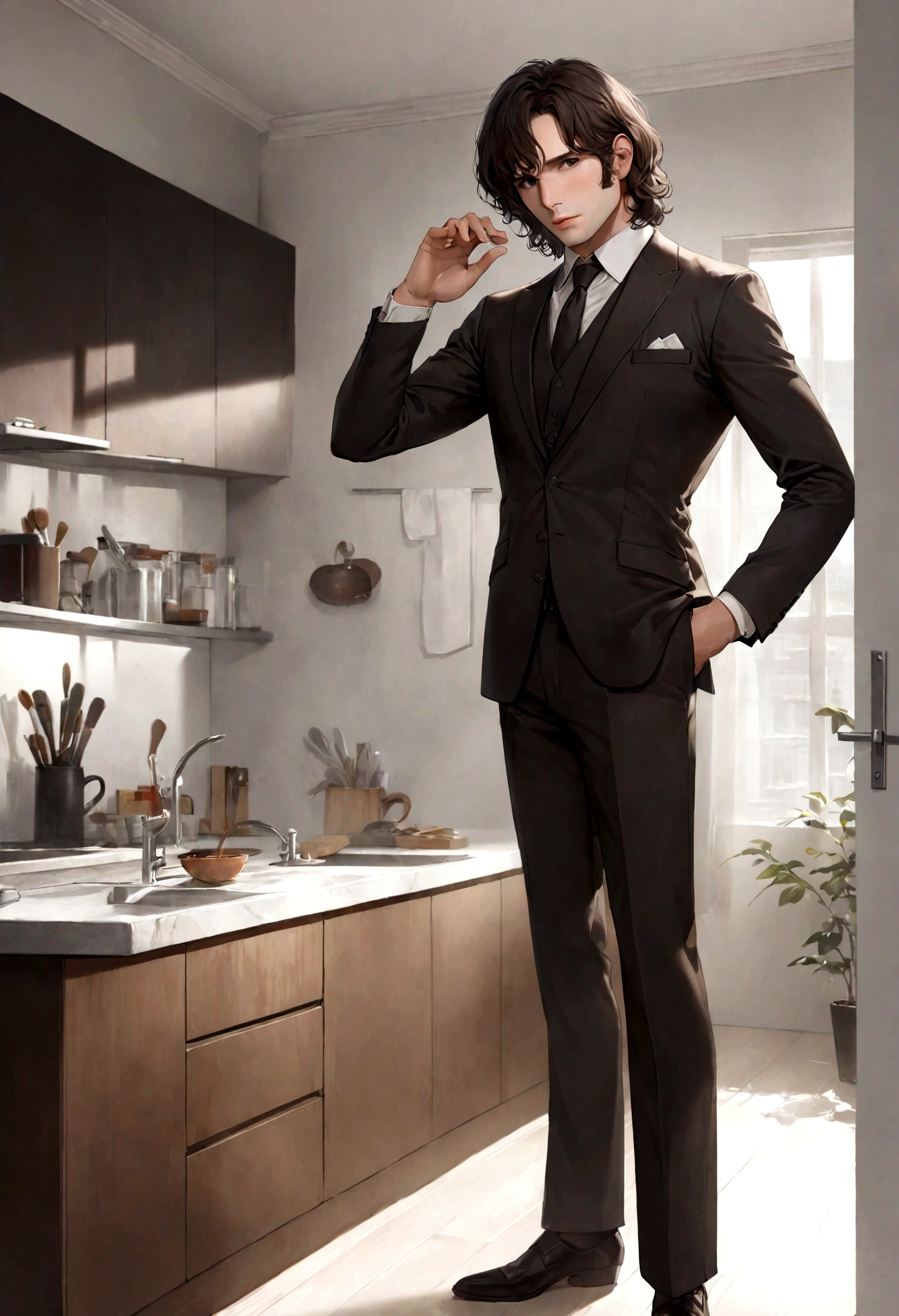 (traje de etiqueta para hombre), ), (con poca barba,) (ojos color cafe claro), Aspecto atractivo y serio, Dark brown hair, Elegante y con estilo, Un hombre similar al actor Jim Morrison, (Imagen realista y de alta calidad), Apartamento escandinavo en el fondo estilo estudio, ((La mejor calidad, 8K, obra maestra).((dynamic pose))