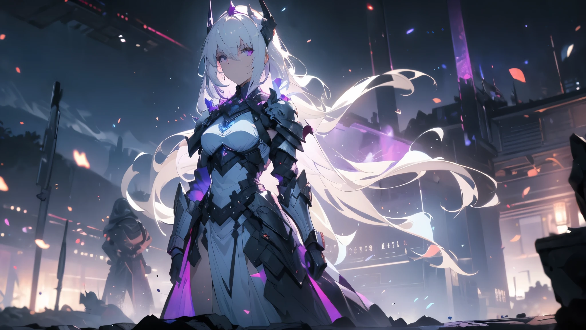 ((masterpiece, best quality)), Epic battlefield atmosphere,Delicate face,Depicts a beautiful knight with long, flowing white hair,whole body,Standing picture,glowing purple eyes. She was wearing white armor,Perfect body proportions