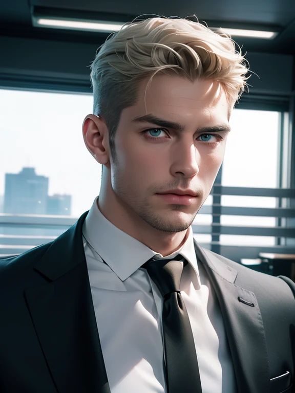 (best quality, masterpiece, 8K, photorealistic, cinematic lighting, hdr image, ultra detailed, beautiful image), 1 man, 31 years old, mature man, very handsome, (without expression, serious), short white hair, green eyes ( penetrating gaze), imposing posture, businessman, office background
