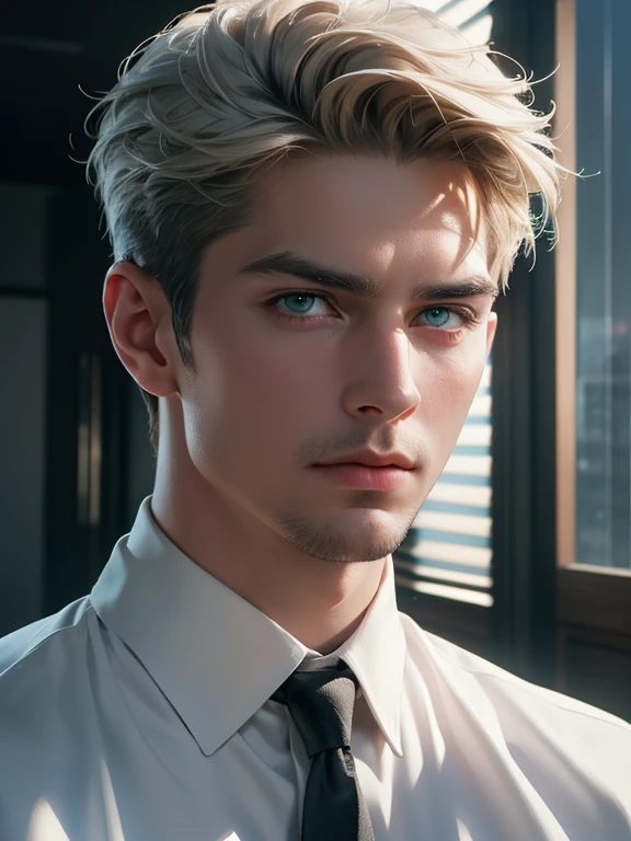 (best quality, masterpiece, 8K, photorealistic, cinematic lighting, hdr image, ultra detailed, beautiful image), 1 man, 31 years old, mature man, very handsome, (without expression, serious), short white hair, green eyes ( penetrating gaze), imposing posture, businessman, office background