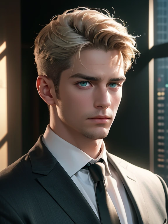 (best quality, masterpiece, 8K, photorealistic, cinematic lighting, hdr image, ultra detailed, beautiful image), 1 man, 31 years old, mature man, very handsome, (without expression, serious), short white hair, green eyes ( penetrating gaze), imposing posture, businessman, office background