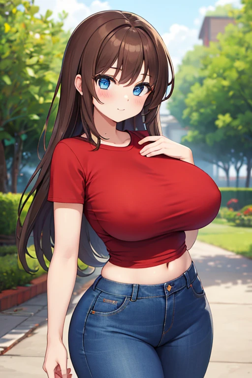 A Cute Girl, (Pretty, Lush, Long, Brown Hair), (Big, Beautiful Blue Eyes), Big Breasts, Wide Hips, Short Torso, long Legs. Wearing a Red Shirt, and Blue Jeans.