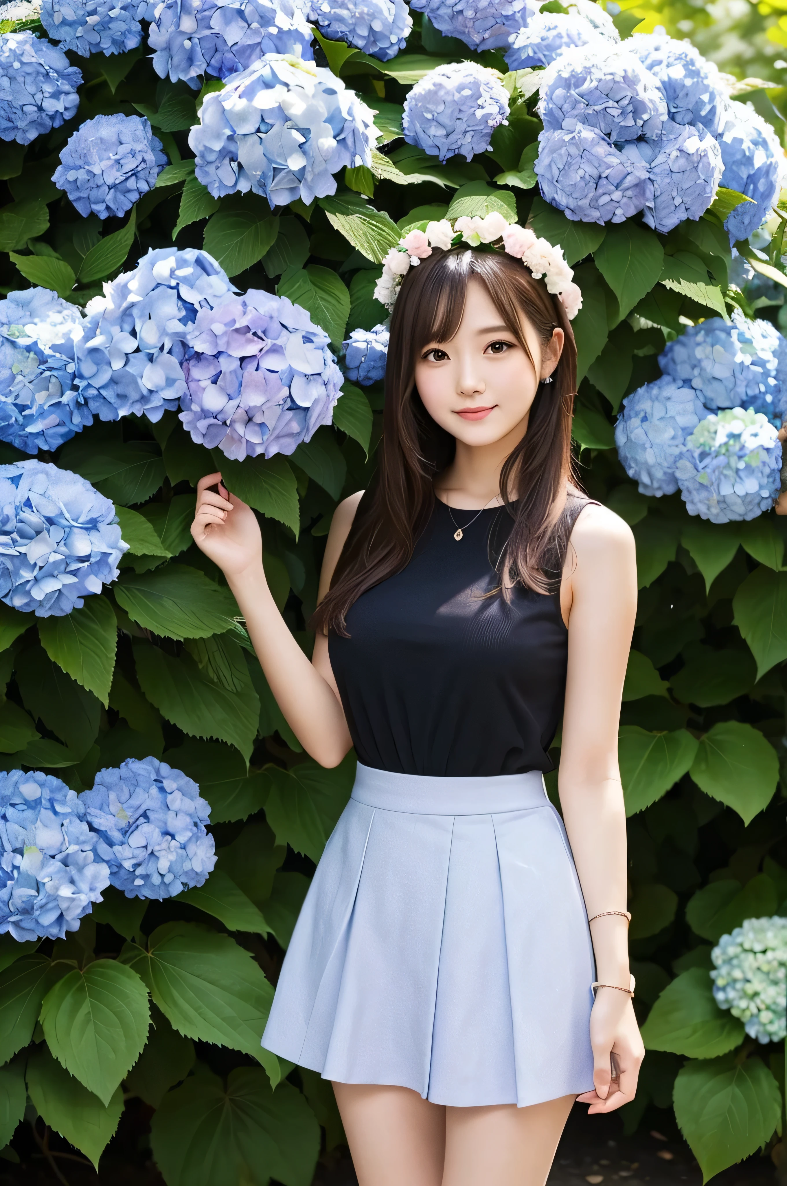 A cute 20-year-old girl standing in a park with hydrangeas in bloom(mini skirt)
