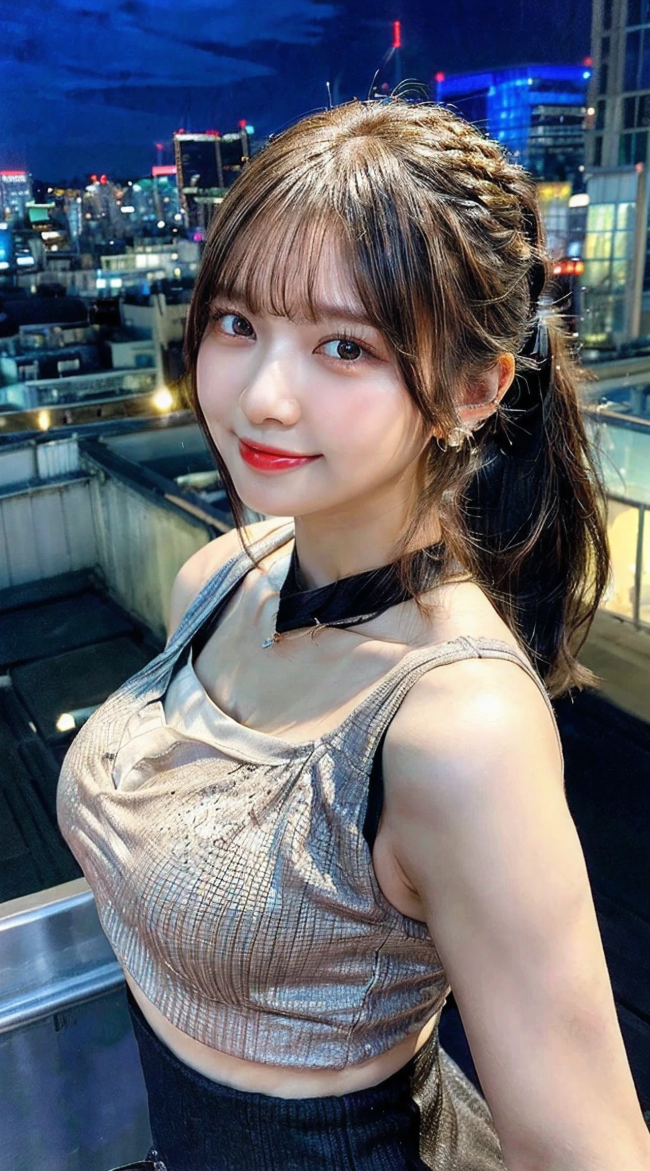 ((Photo Real:1.4, hyper realisitic:1.4, masterpiece:1.3, photorealistic:1.4, Smooth lighting:1.05, highest quality, RAW shooting, caustics, 8k, super detailed, ultra high resolution, cheerfulness:1.2, lens flare, table top, 1 girl, realistic skin texture, anatomically correct, accurate, super detail, textured skin, high quality, high details, best quality, high resolution, face focus, natural light, backlight, a bright light shines from above, finest real textured skins, professional writing, (low position), (Low - Angle), big, bust up shot)), (20 years old, cute, japanese, cleavage, (wearing piercing), (wearing necklace), (perfect necklace), (perfect piercing), (full body photo:1.5), (full-length dress: 1.1), (look at the camera with a smile), smiling with slightly showing teeth, neat and clean beauty, narrow-eyed, super fine face, ultra detailed face, detailed eyes, double eyelids, glowing skin, retinas, lip gloss, perfect bodies, perfect arms, Perfect fingers, perfect legs, perfect hair, wearing seamless bra, (wearing piercing), (wearing necklace), (perfect necklace), (perfect piercing), (layer cut bronde hair, ponytail, hair flutters in wind, hair bounces)), posing on a rooftop with a city view at night, on rooftop tokyo night, set in tokyo rooftop, on future tokyo night rooftop, on tokyo cyberpunk night rooftop, on rooftop, with a city in the background, standing on a rooftop, standing on rooftop, in a rooftop, on a rooftop, great view, rooftop