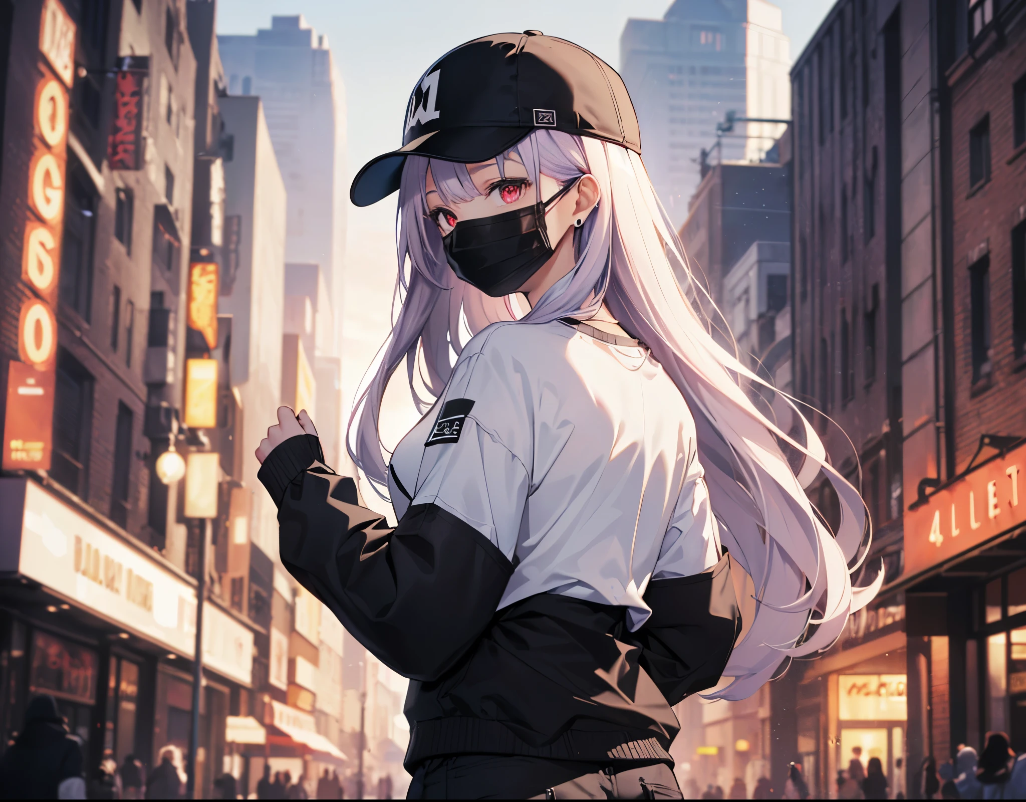 (Close-up:1.3),Realistic,highest quality, Super detailed, High-quality CG rendering, The most delicate and beautiful, Floating softly, High resolution, (1 female), (highest quality,4K,8k,masterpiece:1.2), Light purple hair,Long Hair,Red eyes,(White oversized long sleeve T-shirt:1.3),(Black oversized pants:1.3),(White cap:1.3),In the city,old buildings,(Black Mask:1.4),(Upper Body:1.3),(Turn your back to your audience:1.3),Butt